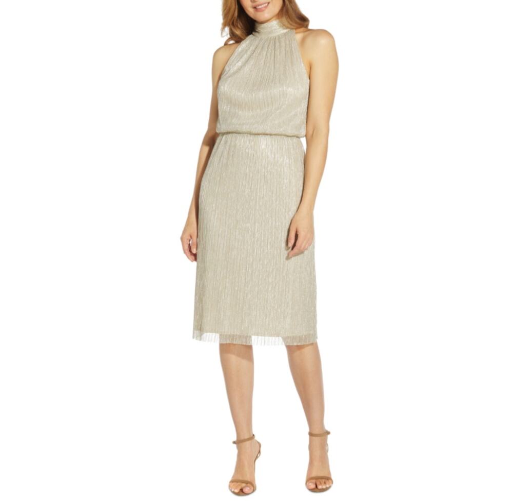 Adrianna Papell Gold Cocktail Dress Metallic Sleeveless A-Line Halter Size 8